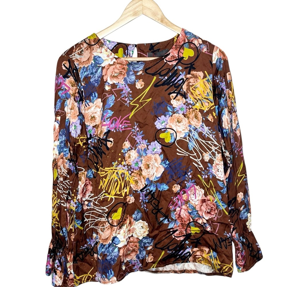 Lola Floral Graffiti Print Silk Blend Top Womens M/L Artsy Statement